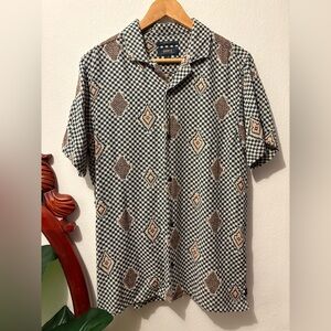 Men’s Black and Brown Geometric Checkered Casual Short Sleeve Button Down Shirt